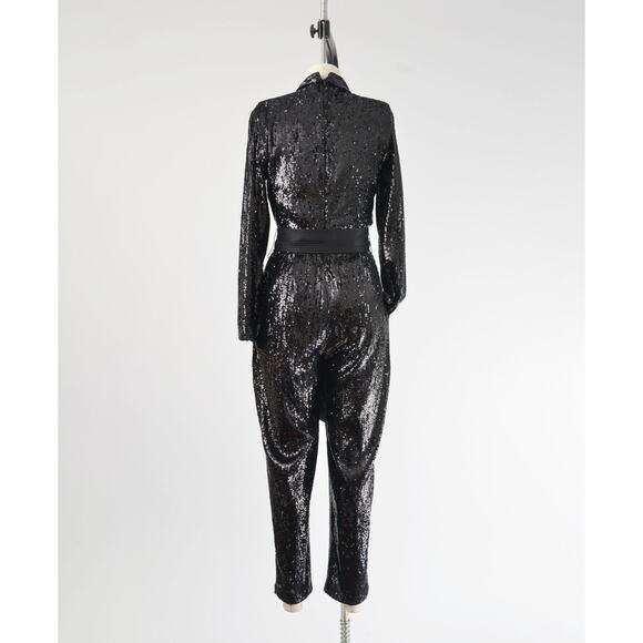 Express Black Sequin Long Sleeve Jumpsuit with Tie Belt and Pockets size S - Picture 5 of 9